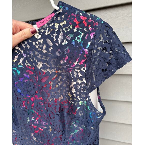 Betsey Johnson size 14 Navy Lace Overlay Floral Sheath Dress - Picture 11 of 13